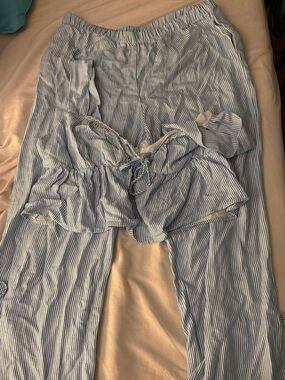 Blue and White Striped Ruffle Pajama Set